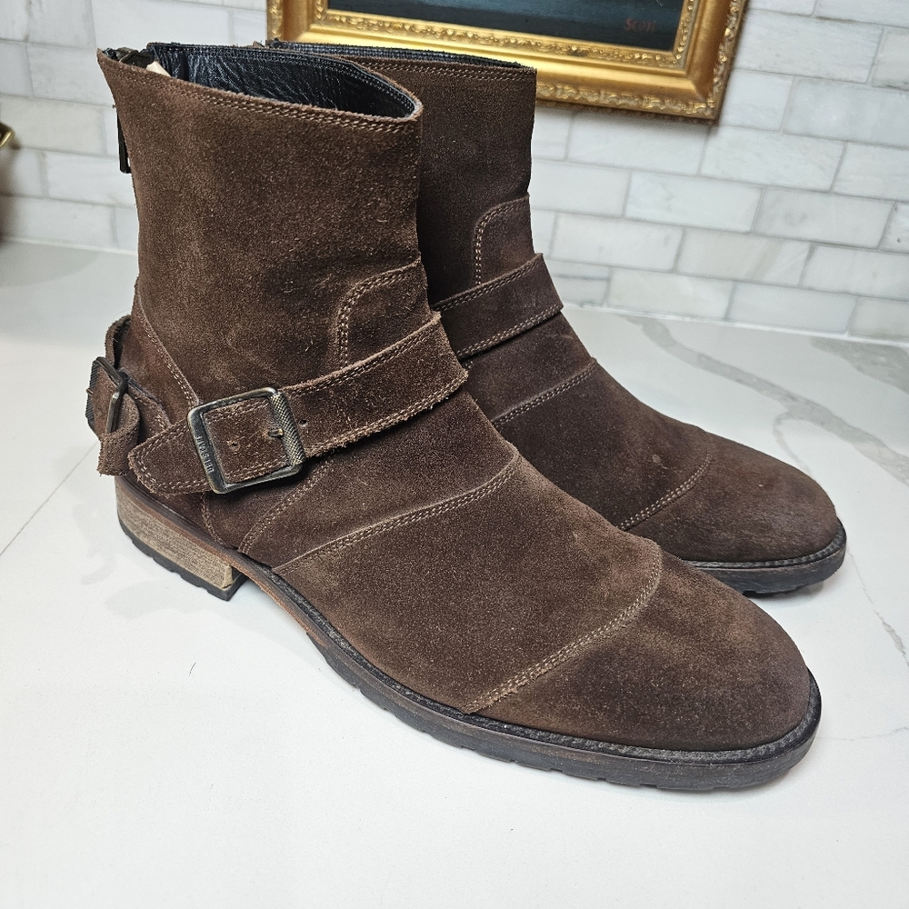 Belstaff Trailmaster 44 UK US 10.5 Bracken Oak Brown Suede Boot Buckle Leather